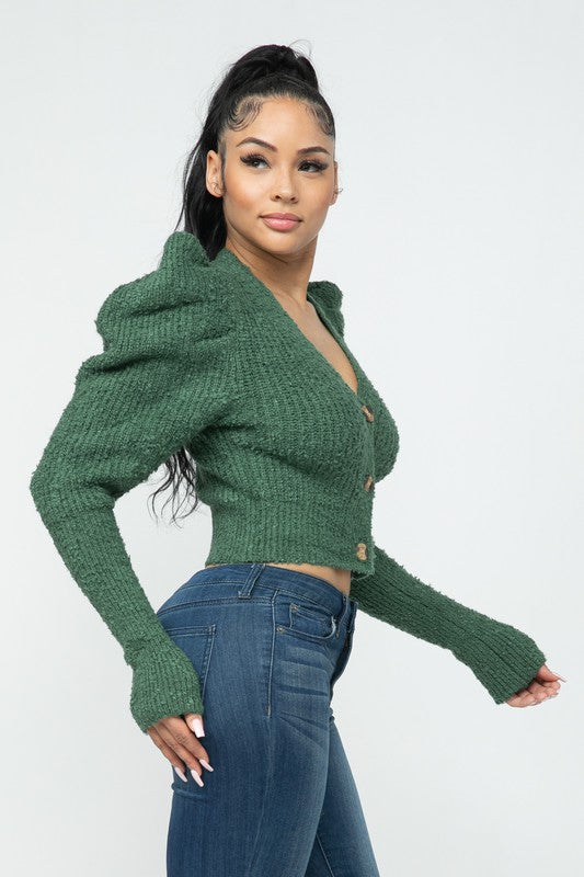 Green Puff Sleeve Sweater