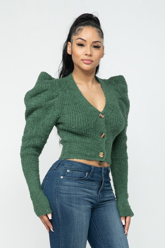 Green Puff Sleeve Sweater