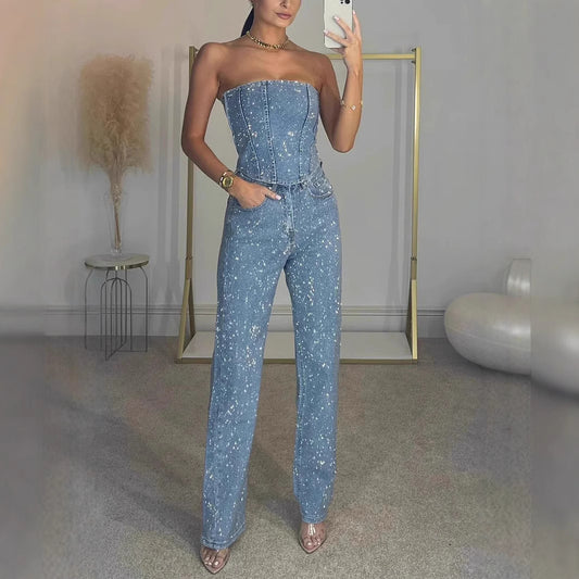 Denim Bling Bustier pants set