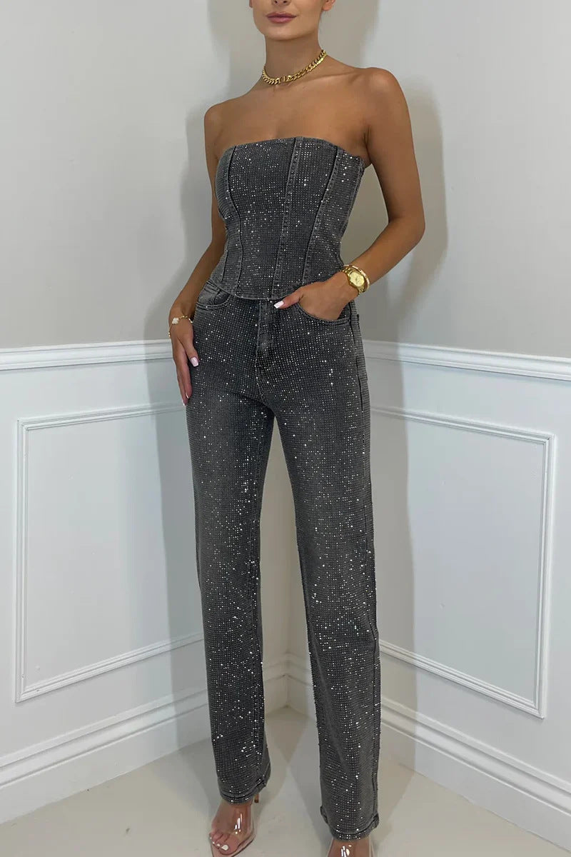 Denim Bling Bustier pants set